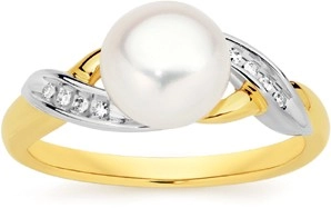 9ct Gold 2-Tone Cultured Freshwater Pearl & Diamond Ring