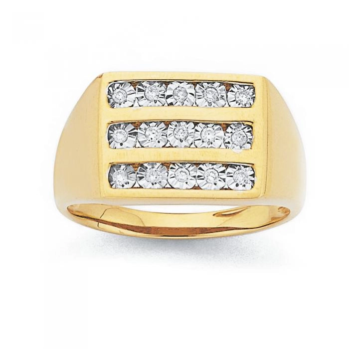 9ct Gold 3 Row Diamond Set Gents Ring