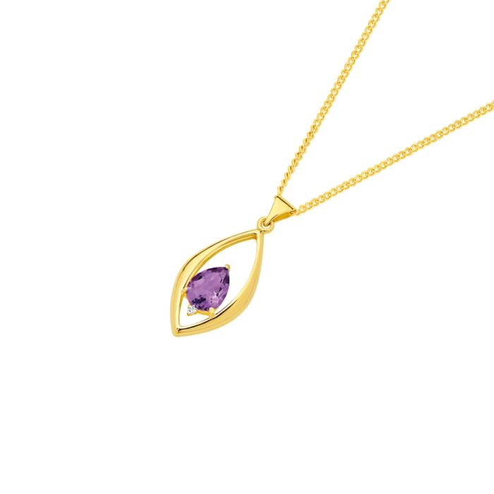 9ct Gold Amethyst & Diamond Marquise Pendant