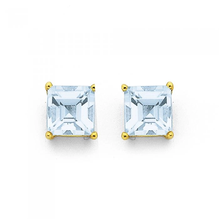 9ct Gold Aquamarine 5mm Princess Cut Stud Earrings