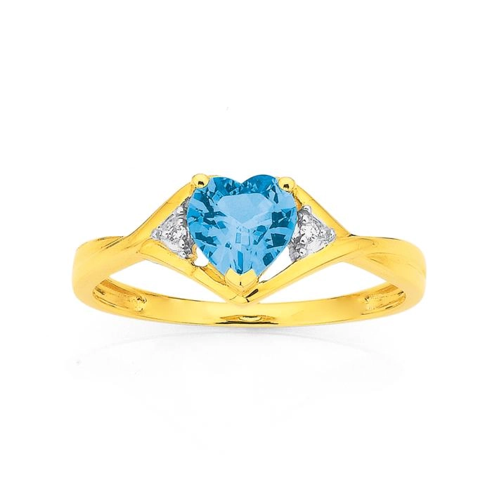 9ct Gold Blue Topaz & Diamond Heart Ring