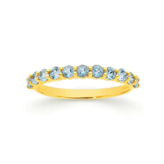 9ct Gold Blue Topaz Round Brilliant Cut Claw Set Band