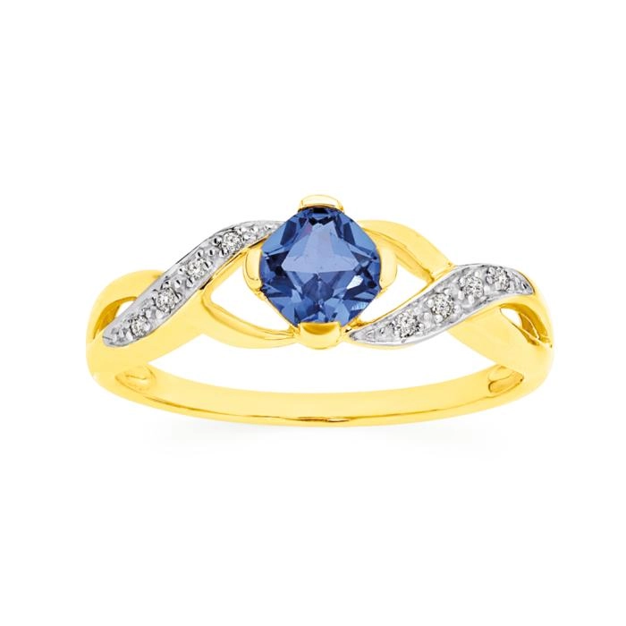 9ct Gold Created Ceylon Sapphire & Diamond Ring