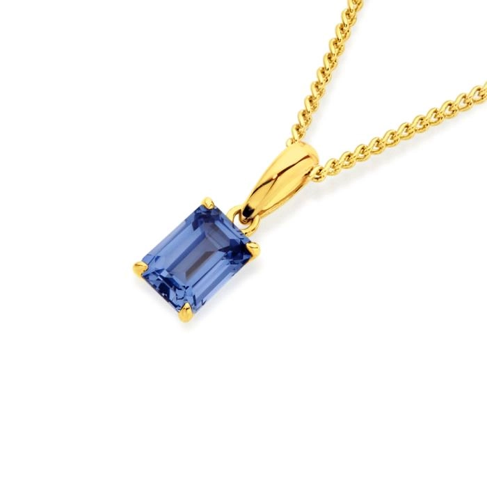 9ct Gold Created Ceylon Sapphire Emerald Cut Pendant