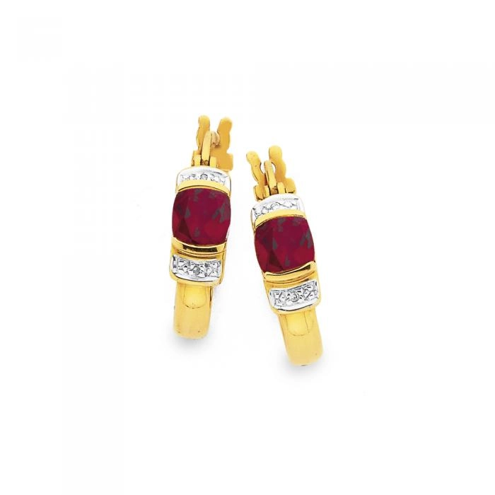 9ct Gold Created Ruby & Diamond Cushion Half Bezel Hoop Earrings