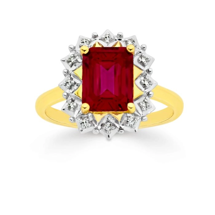 9ct Gold Created Ruby & Diamond Frame Ring