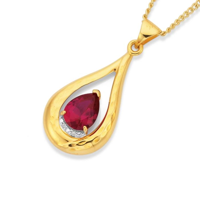 9ct Gold Created Ruby & Diamond Pear Shape Teardrop Pendant