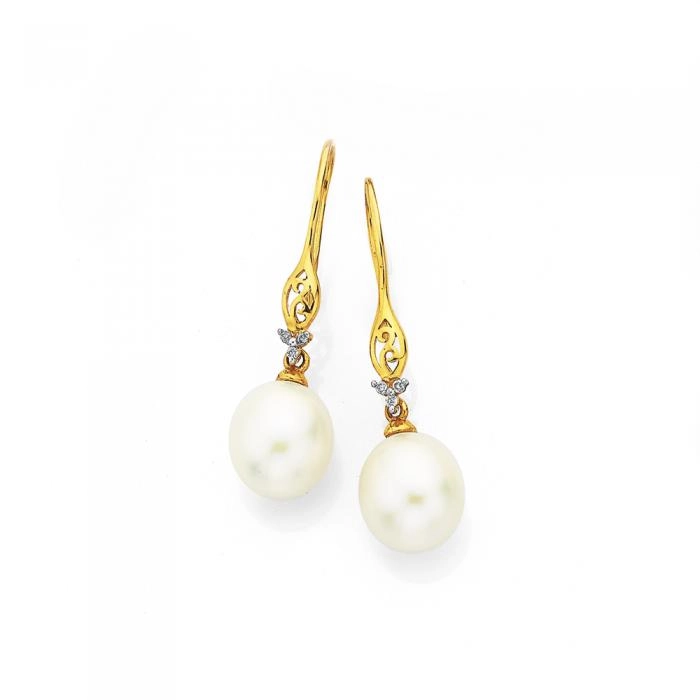 9ct Gold Cultured Freshwater Pearl & Diamond Drop Hook Earrings