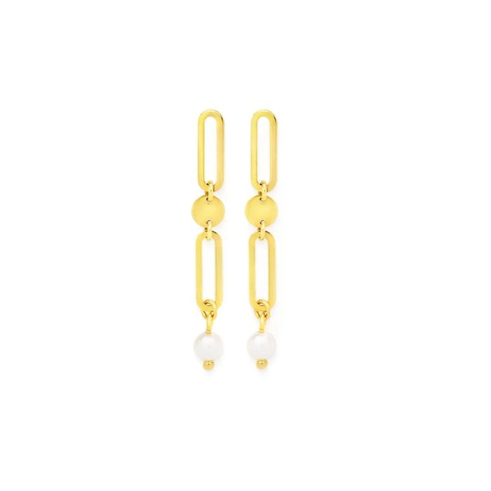 9ct Gold Cultured Freshwater Pearl Paper Clip Drop Earrings