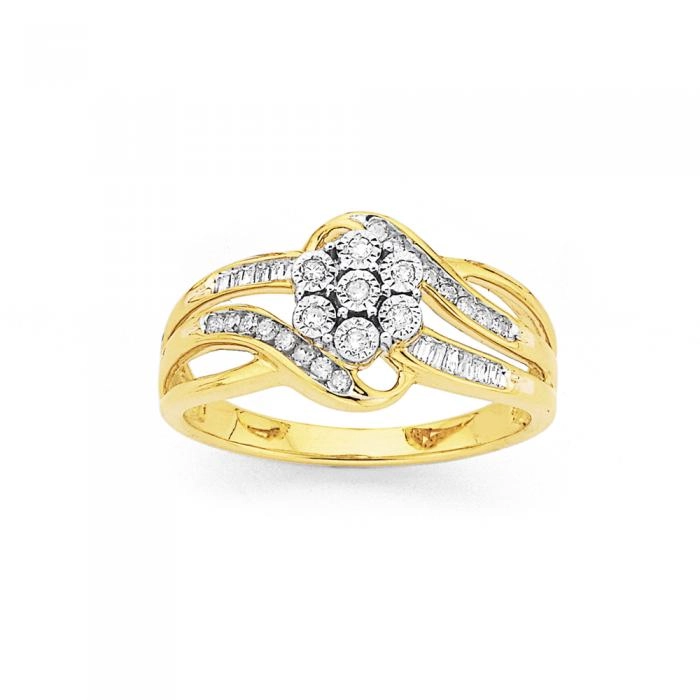 9ct Gold Diamond Cluster Swirl Ring