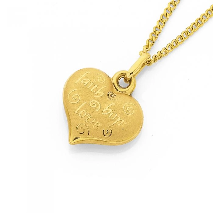 9ct Gold Faith, Love, Hope Heart Charm Pendant