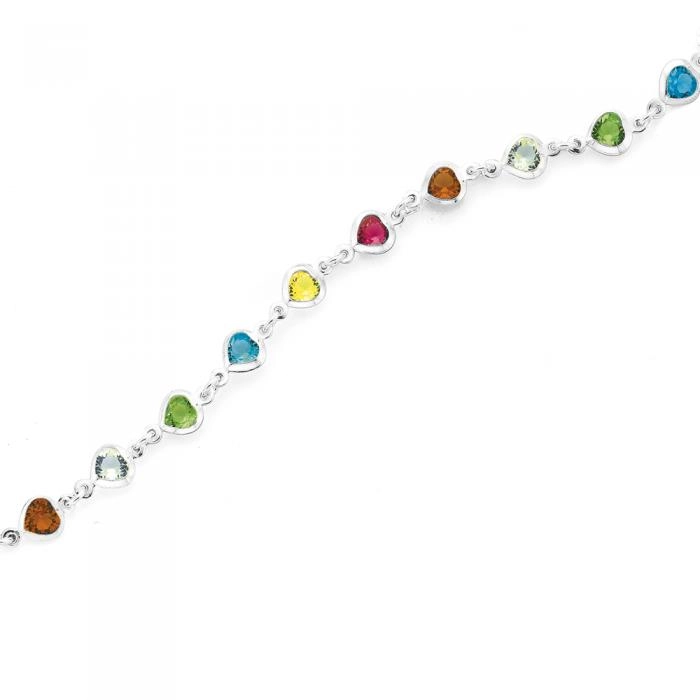 Sterling Silver 17cm Multi Colour Crystal Heart Bracelet