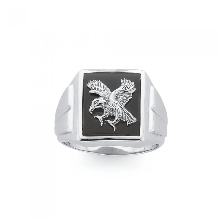 Sterling Silver Black Agate Eagle Signet Gents Ring