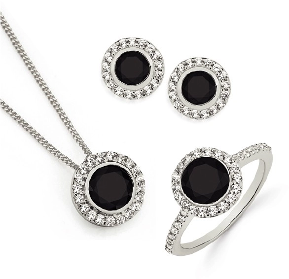 Sterling Silver Black Cubic Zirconia Pendant, Studs & Ring Set