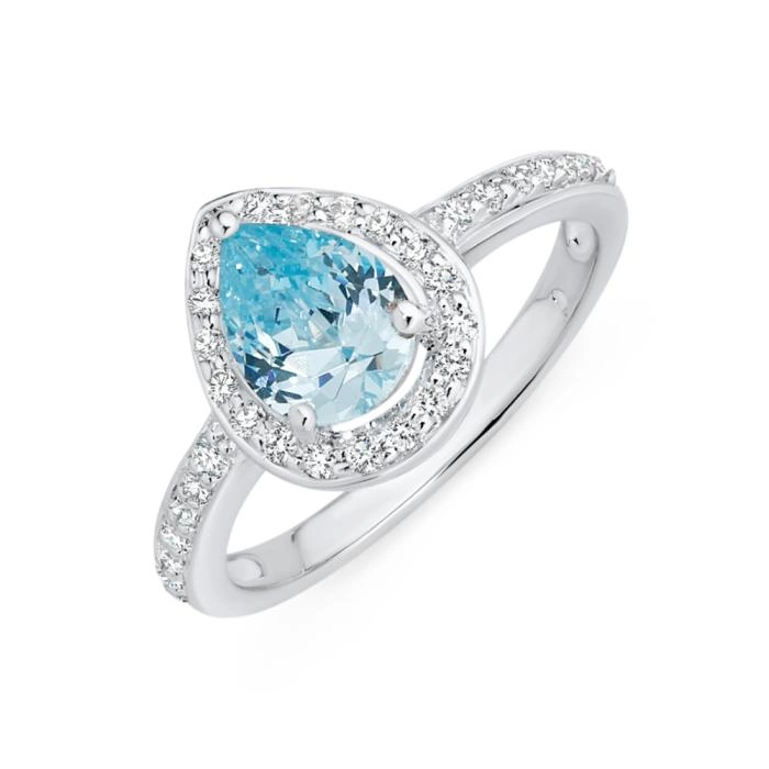 Sterling Silver Blue Cubic Zirconia Pear Cluster Ring