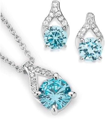 Sterling Silver Blue Cubic Zirconia Wishbone Style Earrings & Pendant Set