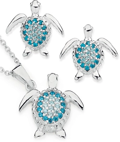 Sterling Silver Blue & White Cubic Zirconia Pave Turtle Earrings & Pendant Set