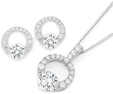 Sterling Silver Cubic Zirconia Circle Earrings & Pendant Set