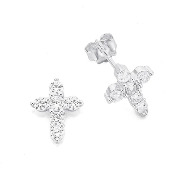 Sterling Silver Cubic Zirconia Cross Stud Earrings