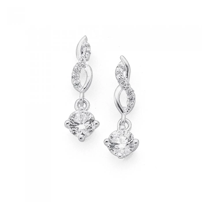 Sterling Silver Cubic Zirconia Drop On Twist Loop Earrings