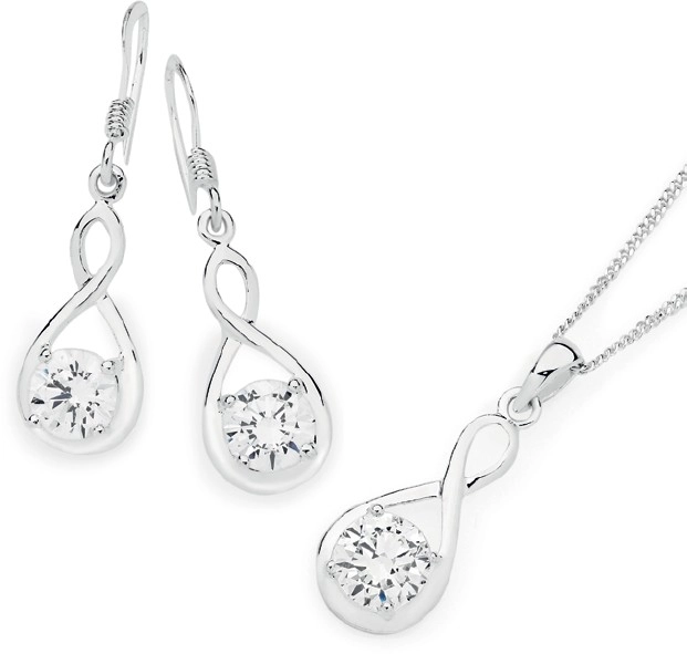 Sterling Silver Cubic Zirconia Infinity Loop Earrrings & Pendant Set