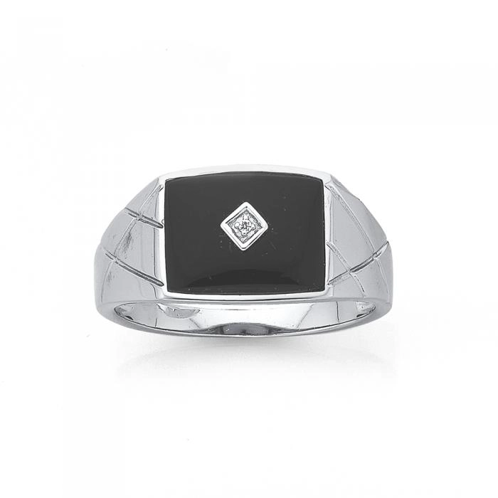 Sterling Silver Cubic Zirconia On Rectangular Black Agate Criss Cross Gents Ring