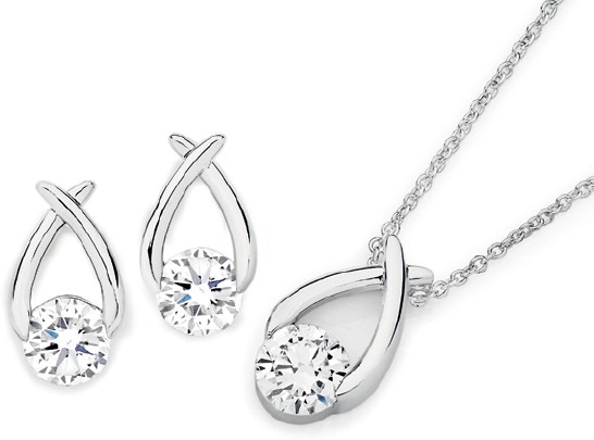 Sterling Silver Cubic Zirconia Plain Wishbone Earrings & Pendant Set