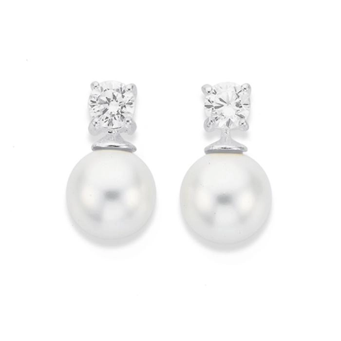 Sterling Silver Cubic Zirconia & Simulated Pearl Stud Earrings