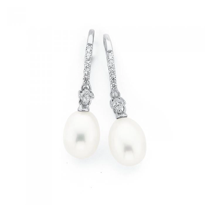 Sterling Silver Cultured Fresh Water Pearl and White Cubic Zirconia Hook Drop Earrings