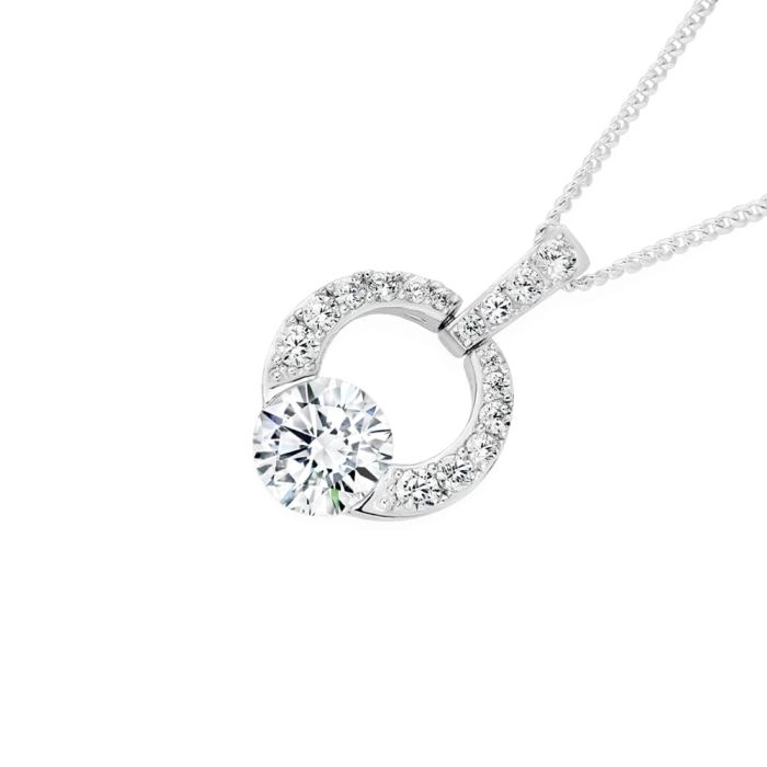 Sterling Silver Large Cubic Zirconia On Cubic Zirconia Circle Pendant