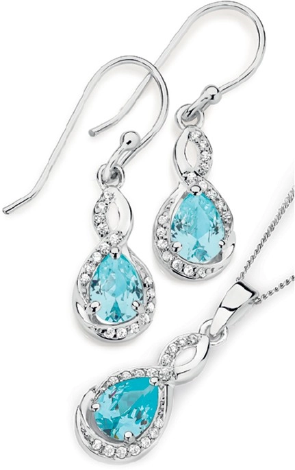 Sterling Silver Pear Blue Drops Earrings & Pendant Set