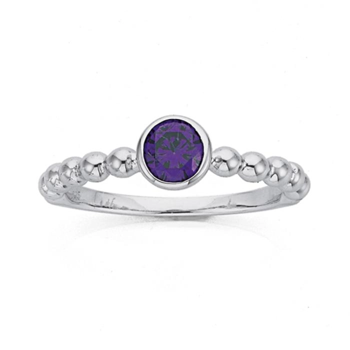 Sterling Silver Purple Cubic Zirconia Round Bezel Ring (Size M)