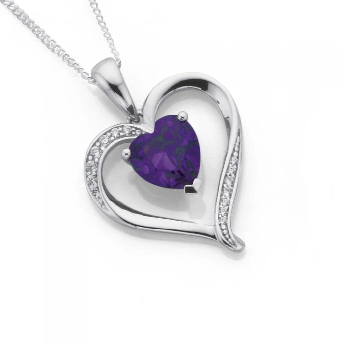 Sterling Silver Violet Cubic Zirconia Open Heart Cubic Zirconia Pendant