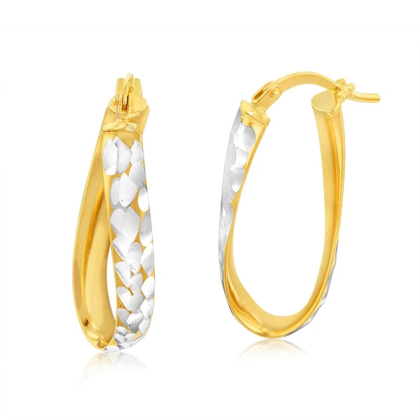 9ct Yellow And White Gold Silverfilled Diamond Cut Oval Hoop Earrings – Shiels Jewellers