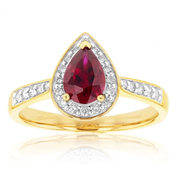 9ct Yellow Gold 7x5mm Created Ruby and Diamond Pear Halo Ring – Shiels Jewellers