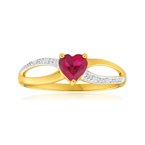 9ct Yellow Gold Alluring Heart Created Ruby + Diamond Ring – Shiels Jewellers