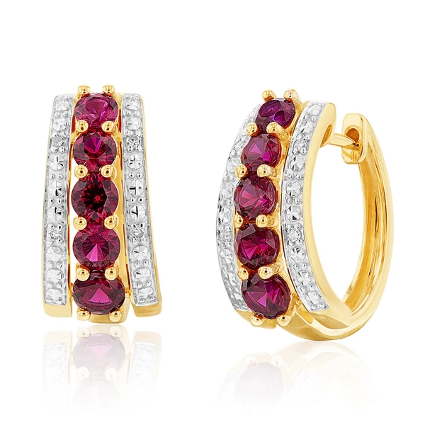 9ct Yellow Gold Created Ruby and Diamond Huggie Hoop Earrings – Shiels Jewellers