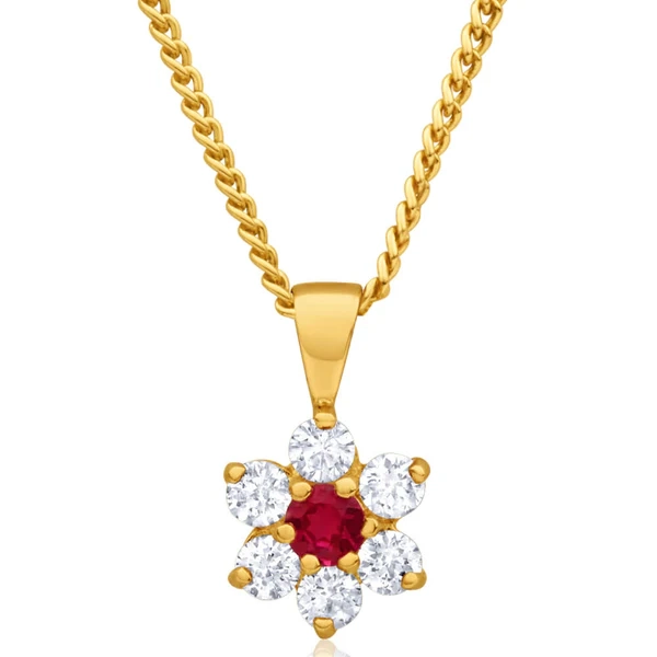 9ct Yellow Gold Created Ruby + Cubic Zirconia Flower Pendant – Shiels Jewellers