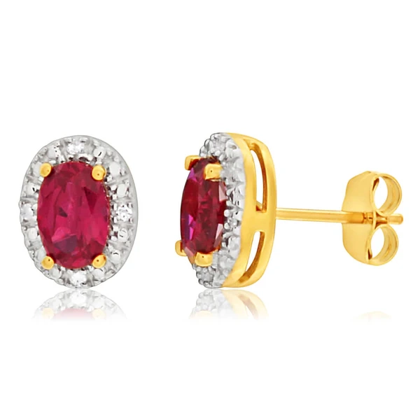 9ct Yellow Gold Created Ruby + Diamond Stud Earrings – Shiels Jewellers