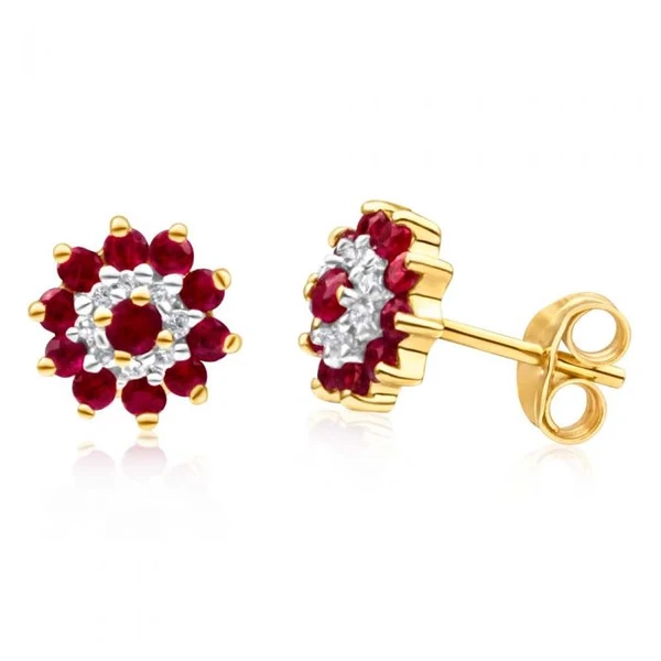 9ct Yellow Gold Natural Ruby and Diamond Flower Cluster Stud Earrings – Shiels Jewellers