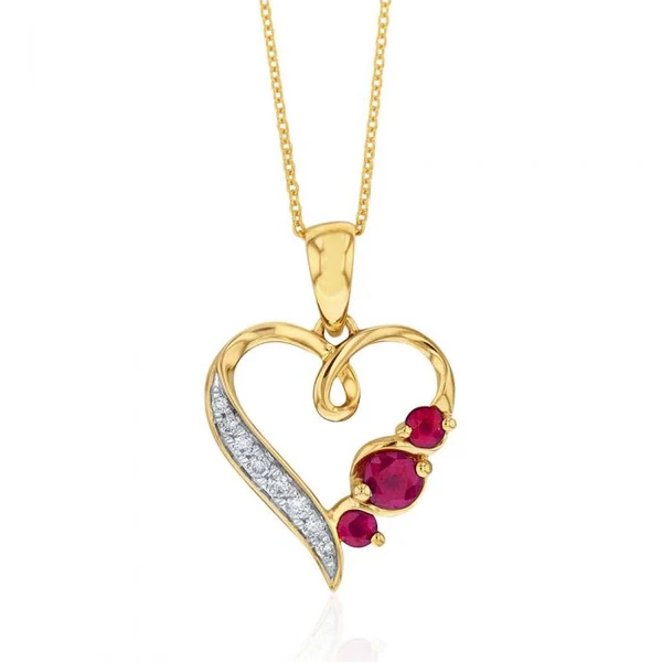 9ct Yellow Gold Natural Ruby & Diamond Heart Pendant with 45cm Chain I – Shiels Jewellers