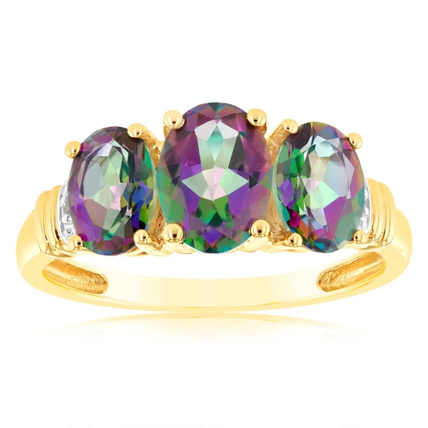 9ct Yellow Gold Oval Enhanced Mystic Topaz and Diamond Trilogy Ring – Shiels Jewellers