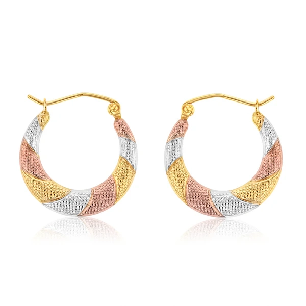 9ct Yellow, Red And White Gold Three Tone Textured Creole Hoop Earring – Shiels Jewellers