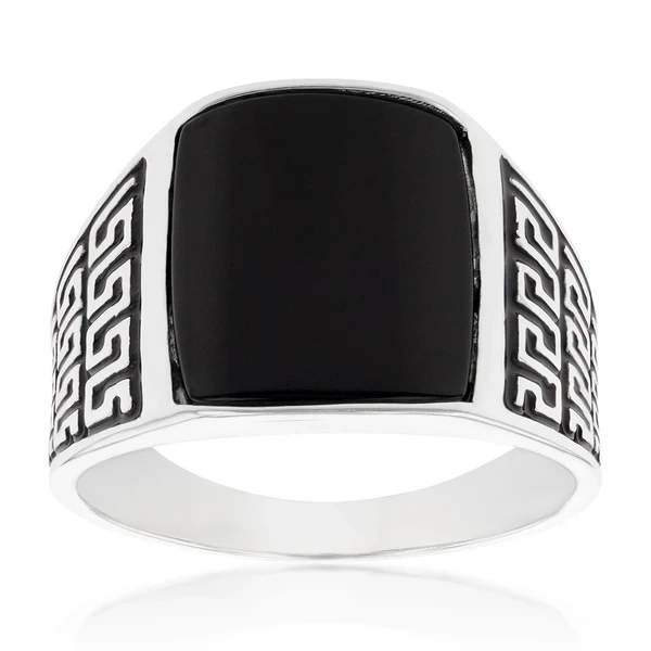 Sterling Silver Black Square With Greek Pattern Gents Ring – Shiels Jewellers