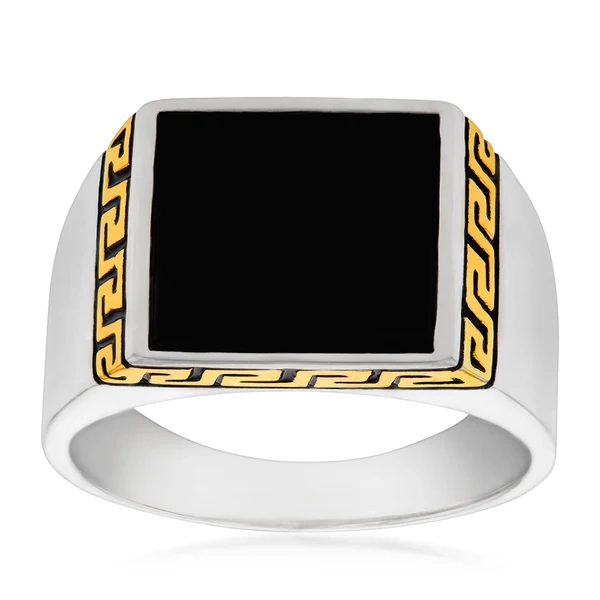 Sterling Silver Gold Plated Black Square Greek Pattern Gents Ring – Shiels Jewellers