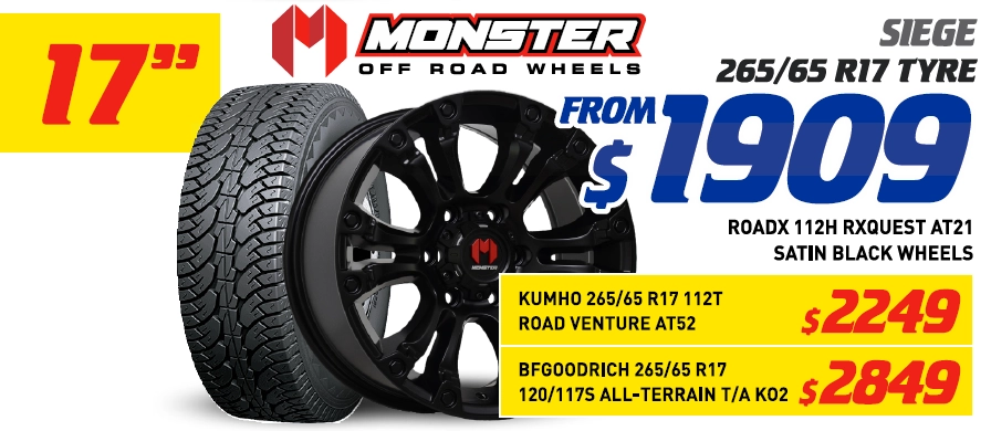 17" 4 Wheel & 4 Tyre Packages - Monster Siege BFGoodrich 120/117S All-Terrain T/A KO2