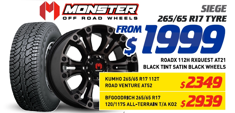 17" 4 Wheel & 4 Tyre Packages - Monster Siege BFGoodrich 120/117S All-Terrain T/A KO2