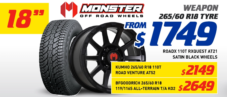 18" 4 Wheel & 4 Tyre Packages - Monster Weapon Kumho 110T Road Venture AT52