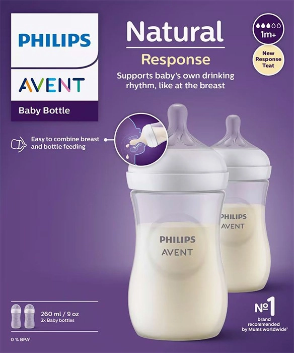 Phillips Avent Natural Response Baby Bottles 1 Month+ 260ml - 2 Pack