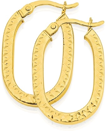 9ct Gold 10x17mm Diamond-Cut Square Tube Oval Hoop Earrings